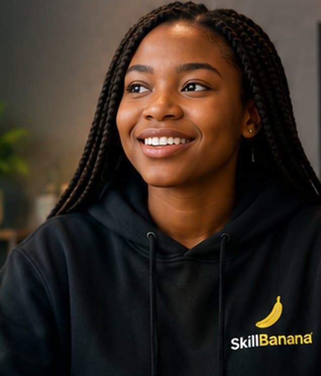 A student smiling, wearing a SkillBanana hoodie